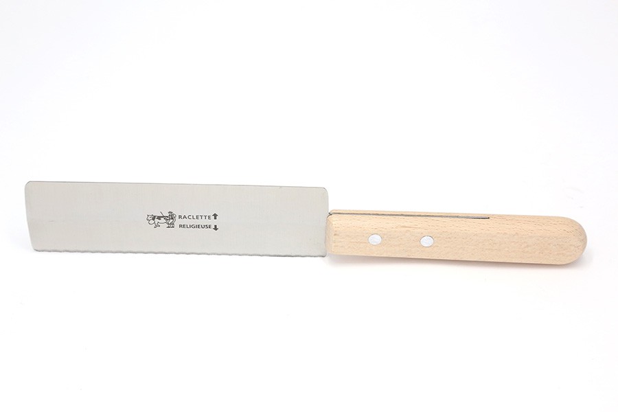 Couteau religieuse à raclette avec manche en bois foncé.